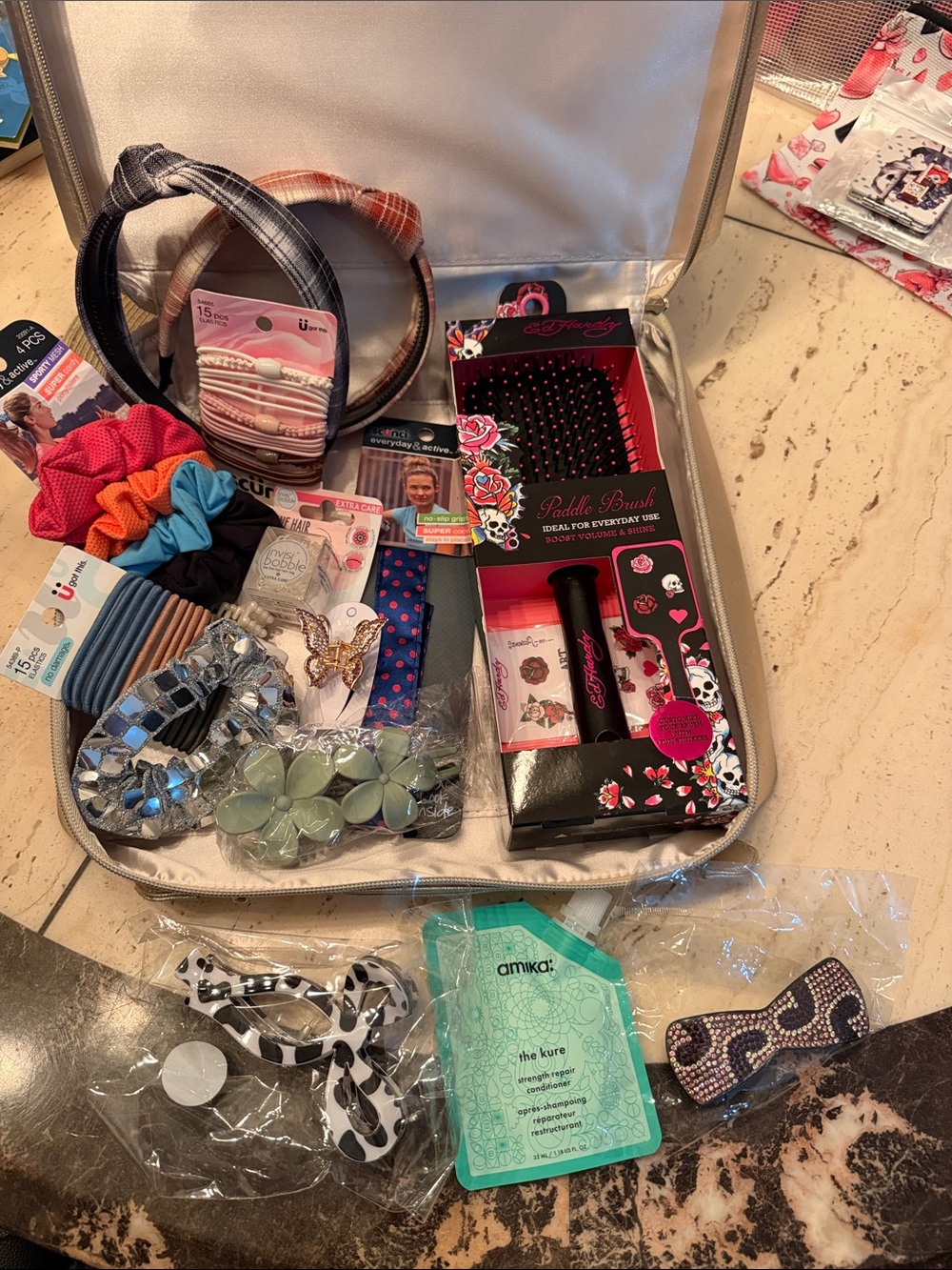 Ed Hardy Black Paddle Hair Brush & Stickers, Scunci & Amika Shampoo Lancôme Bag
